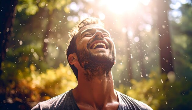 Bearded man looking up in nature with sunbeams and bokeh