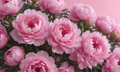 Obraz premium Dense cluster of pink peonies, soft pink backdrop, plant, bloom, backdrop