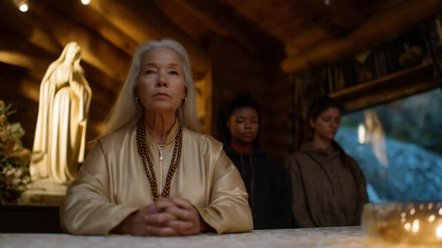 Group Praying the Rosary in a Parish Hall with Statue of Mary