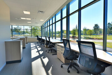 Bright workspace with large windows and ergonomic seating