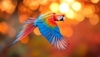 Macaw gliding at sunset. A scarlet macaw flies gracefully against a vibrant sunset backdrop, showcasing its vivid feathers and dynamic movement.
