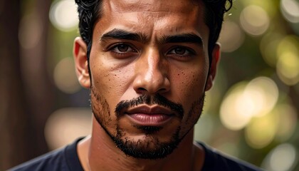 Fototapeta premium Intense close-up portrait of young man with sweat and focused gaze
