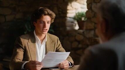 Interview setting with candidate and interviewer in rustic office