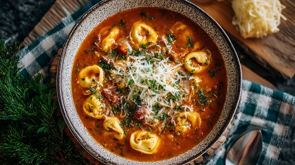 Delicious bowl of tortellini soup garnished with cheese and herbs, perfect for a cozy meal that warms the soul. .