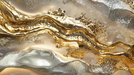 Obraz premium Abstract golden and silver flowing liquid with textured surface and reflective highlights design