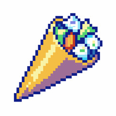 Fototapeta premium Pixel art cone with assorted colorful flowers on white background