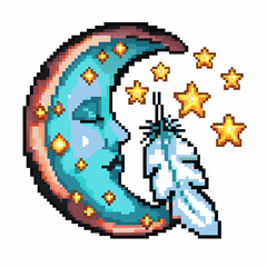 Fototapeta premium pixel art crescent moon face with stars and feather, mystical celestial night theme