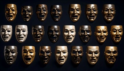 Theatrical masks in gold, bronze, & white showing emotions on dark ...