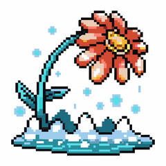 Pixel art blooming flower in snow digital winter scene, colorful petals contrast with icy backdrop