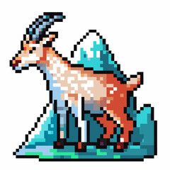 Fototapeta premium Pixel art mountain goat, standing majestic on rocky peak, highlands wildlife illustration