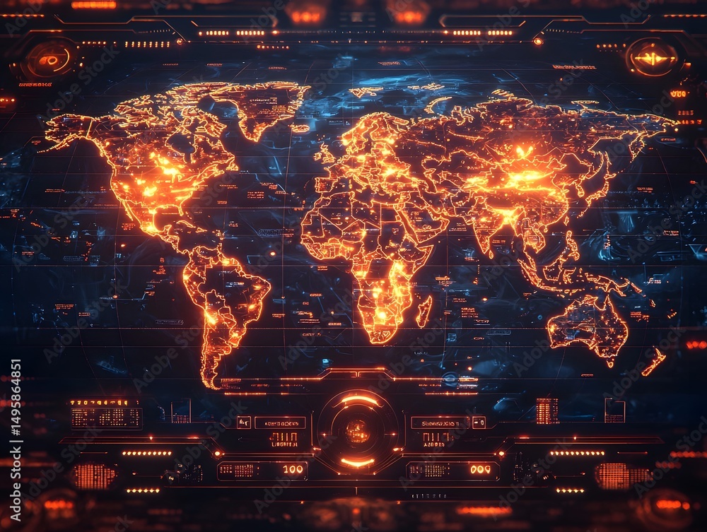 Poster glowing global supply chain map with real time analytics