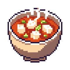 Obraz premium pixel art bowl of steaming soup with tofu and scallions