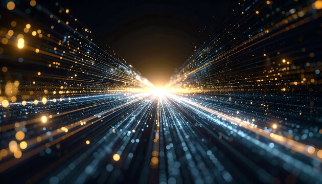 Abstract interconnected data streams in gold and blue converging