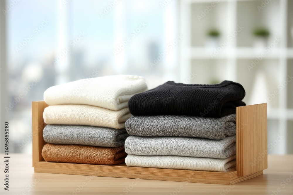 Poster stack of neatly folded sweaters in various colors, placed on wooden shelf, creating a visually appea
