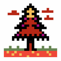 Pixel art character in red cape with abstract landscape