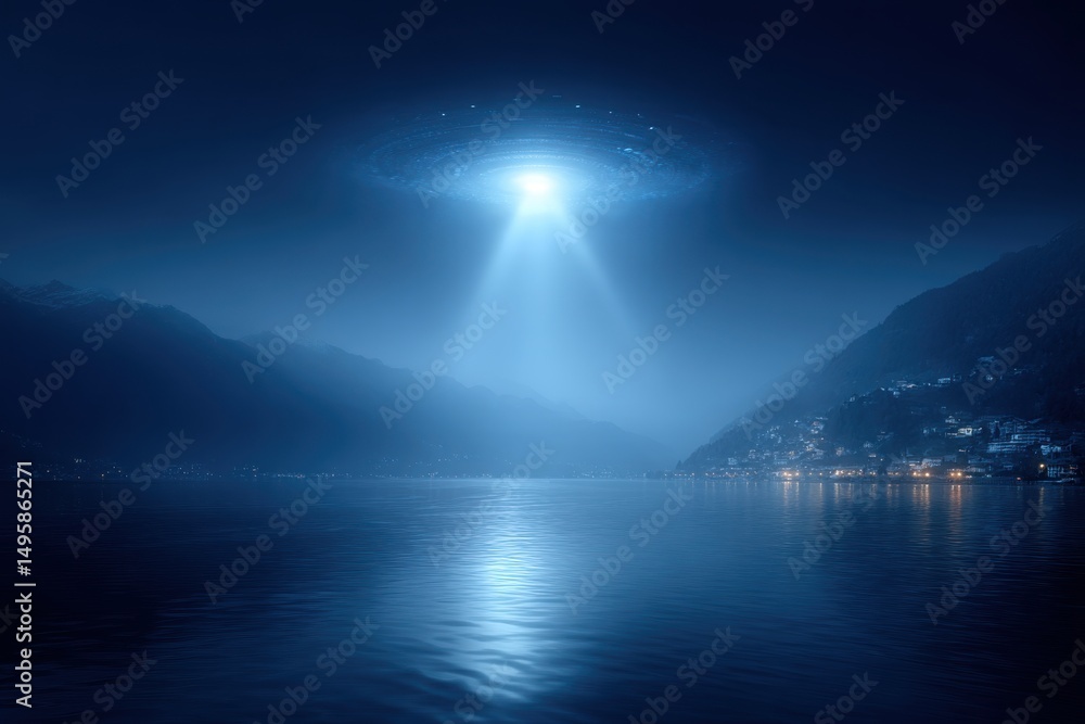 Poster an unidentified flying object shining light beams above a calm lake at night, creating a mysterious 