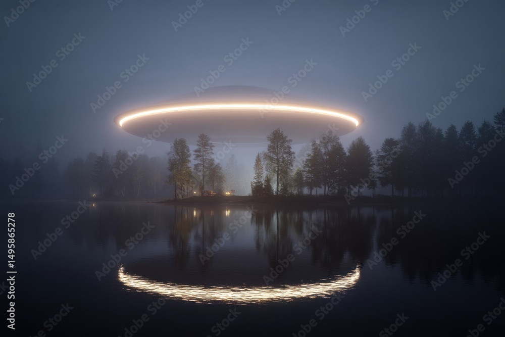 Poster an unidentified flying object hovers above a tranquil lake, casting a glow over the serene forest, c