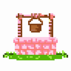 Pixel art wishing well nostalgic 8 bit style, pink bricks, wooden bucket