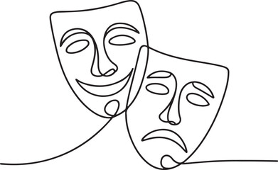 Greek theater mask drawn in continuous one line style representing comedy and tragedy expressions in minimalist elegant vector design

