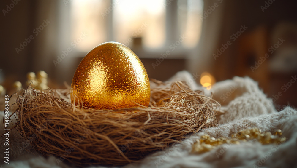 Poster golden egg in a spring nest. a shiny golden egg sits in a delicate nest, surrounded by soft textures