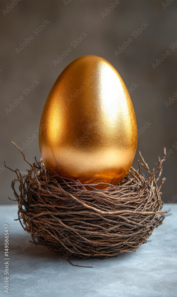Poster golden egg nestled in a woven nest. a shiny golden egg rests in a rustic nest made of twigs, creatin