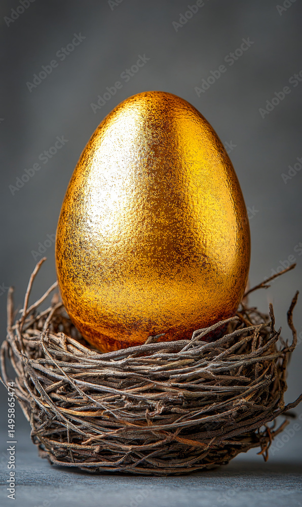 Poster golden egg resting in a rustic nest. a shiny golden egg rests in a twig nest on a textured gray back