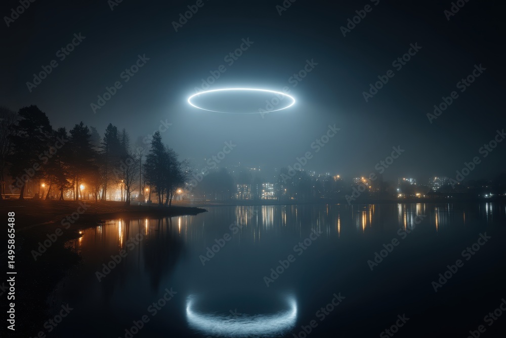 Poster a mesmerizing nightscape featuring a glowing circular light hovering above a serene lake, with the m
