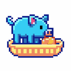 Fototapeta premium pixel art elephant with cake on plate retro 8 bit design, playful gaming icon, vintage digital nostalgia