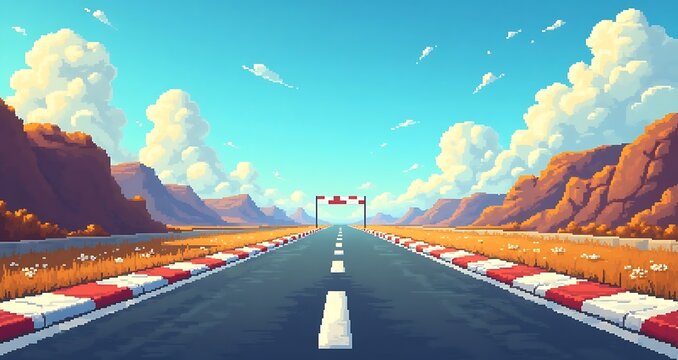 Pixel art race track with mountains under a serene sky, evoking a nostalgic gaming feel
