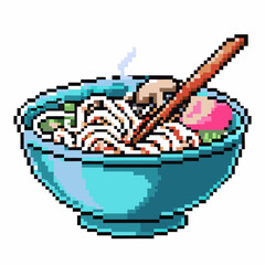 Pixel art ramen bowl with noodles, chopsticks, and vegetables in blue bowl