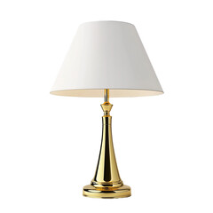 An elegant desk lamp with a lustrous gold finish, topped with a white shade, illuminates the space with its soft glow, an ideal fusion of functionality and aesthetic design.