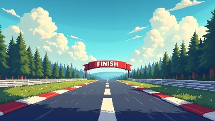 Pixel art finish line road in forest setting with sky, clouds, and banner