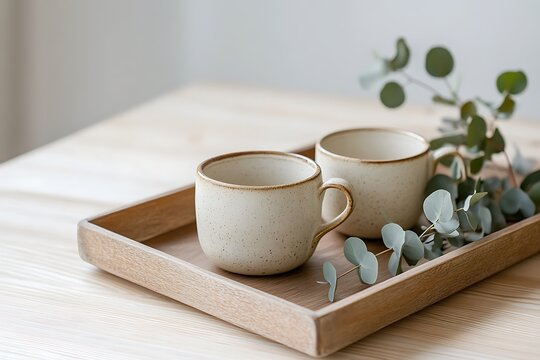 A warm-toned wood tray holding two neutral ceramic cups and a sprig of eucalyptus, styled on a light wooden table