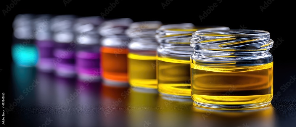 Poster small glass jars filled with colorful liquids are lined up in a row on a dark reflective surface.