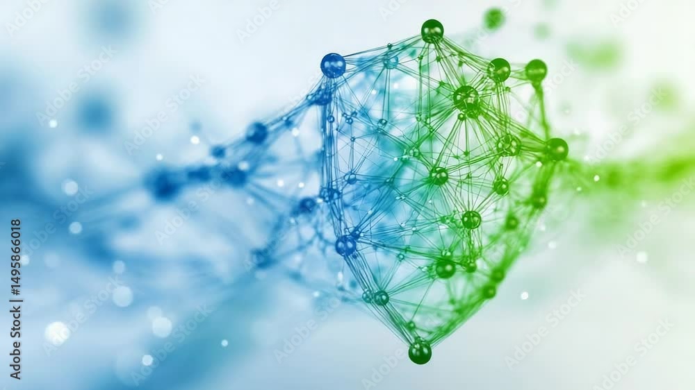 Poster abstract molecular structure in blue and green with depth of field.