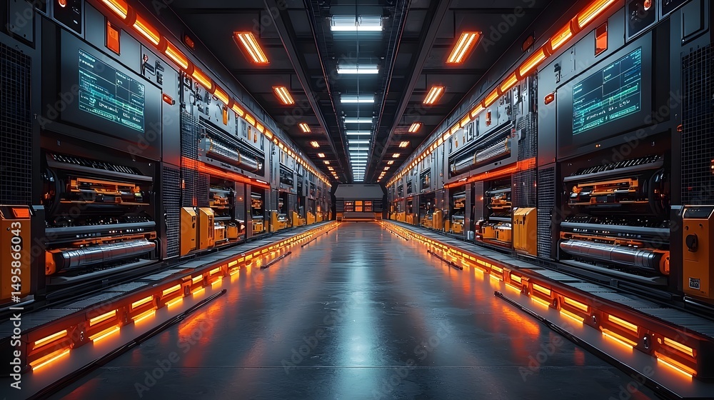Poster futuristic warehouse with automated logistics and data driven technology