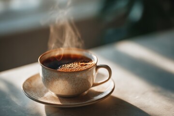 Fototapeta premium A steaming cup of dark coffee with golden foam on a textured saucer catching the soft morning light creating a cozy and inviting atmosphere for relaxation