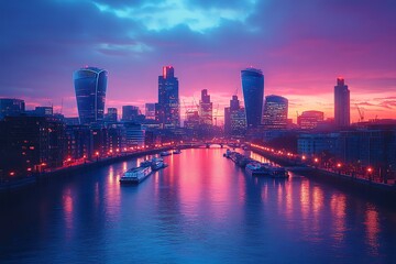 Fototapeta premium Illuminated london cityscape with thames river and modern skyscrapers reflecting evening lights