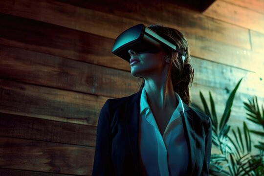 A businesswoman wearing a VR headset, exploring virtual worlds, immersed in technology.