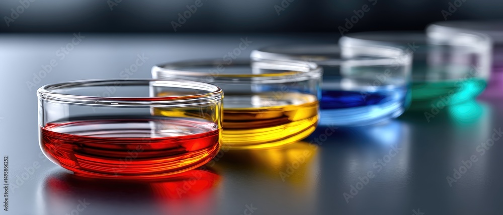 Poster glass bowls filled with colorful liquids are arranged in a row on a reflective surface.