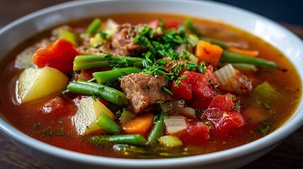A warm bowl of nutritious soup with vegetables and meat, showcasing vibrant colors and rich textures, perfect for comfort food lovers. .