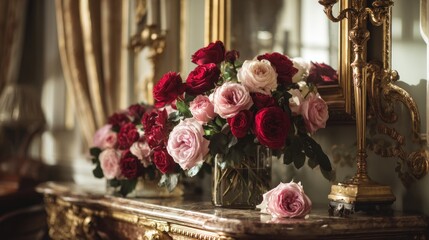 Elegant floral arrangement of deep red and blush pink roses in a glass vase on a gold-toned mantelpiece