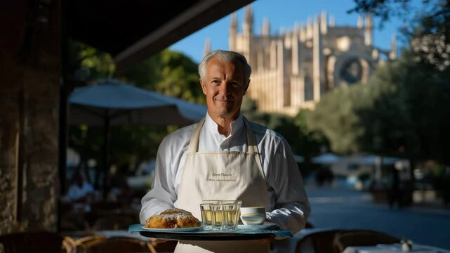 Waiter serving tapas with traditional delicacies at a café