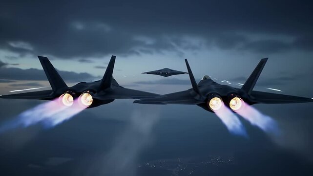 Fighter jets flying in formation at high speed with afterburners engaged during mission