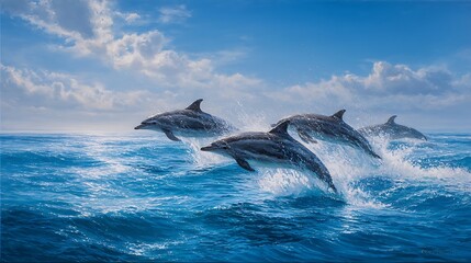Fototapeta premium A vibrant school of dolphins leaps gracefully from the ocean, embodying the vitality and energy of marine life. .