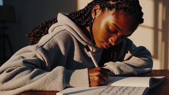 Young woman studying with focus and dedication in warm natural lightin