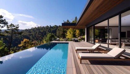 Fototapeta premium Luxury modern house with infinity pool overlooking green hills