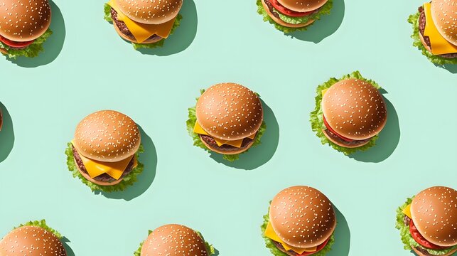 Many hamburgers arranged in a geometric pattern on a light teal background.