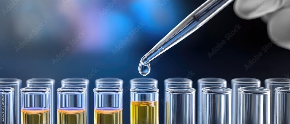 Aufkleber a pipette drops liquid into a row of test tubes containing yellow fluid in a laboratory setting.