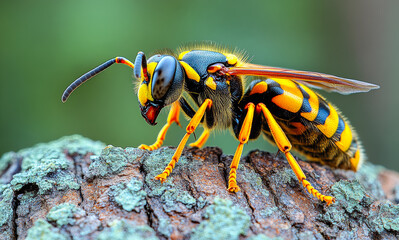Close-up of vibrant wasp on bark. A colorful wasp with yellow and black stripes explores tree bark in a natural setting during daylight hours.